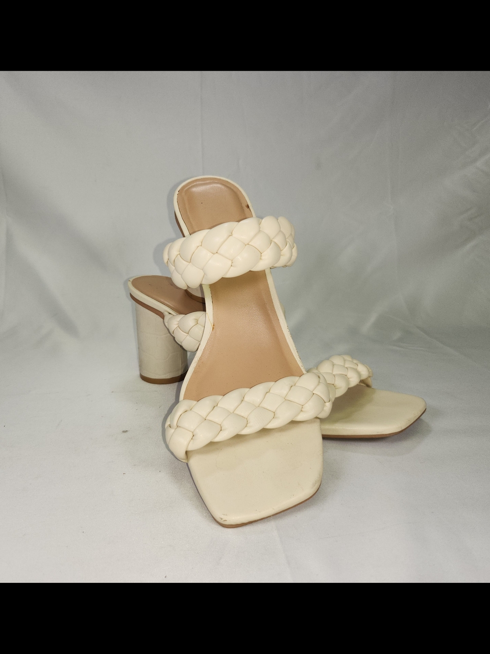 Braided Double-Strap Cream Heeled Sandals